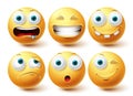 Smiley funny emoji vector set. Smileys yellow emoticon funny, happy and disappointed icon Royalty Free Stock Photo