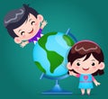 Smiley Girl Pointing and Boy Learning With The World Globe Illustration