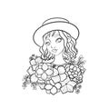 Smiley girl with wavy hair in the hat coloring page