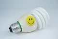 Smiley happy face on energy saving bulb  on white background Royalty Free Stock Photo