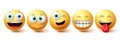 Smiley happy vector set. Smileys face yellow emoticon with funny, winking and naughty facial expressions