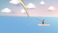 Smiley man fishing on small boat in ocean with rainbow over the sky, paper art/paper cutting style Royalty Free Stock Photo