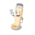 Smiley mascot of asthma inhaler cartoon Character with two fingers