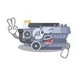 Smiley mascot of combustion engine cartoon Character with two fingers