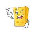 Smiley mascot of emmental cheese cartoon Character with two fingers