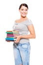 Smiley model holding many-coloured books