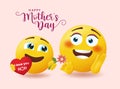 Smiley mother`s day greeting vector design. Happy mothers day text with emoticon child giving flower gift for mom`s day emoji.