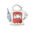 Smiley Nurse blood bag cartoon character with a syringe