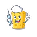 Smiley Nurse emmental cheese cartoon character with a syringe