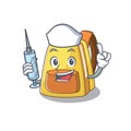 Smiley Nurse kids school backpack cartoon character with a syringe Royalty Free Stock Photo