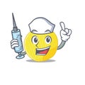 Smiley Nurse potato chips cartoon character with a syringe