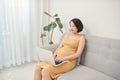 Smiley pregnant woman with laptop at home Royalty Free Stock Photo