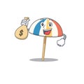 Smiley rich beach umbrella cartoon character bring money bags