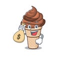 Smiley rich chocolate ice cream cartoon character bring money bags Royalty Free Stock Photo