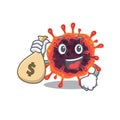 Smiley rich corona virus zone cartoon character bring money bags