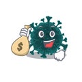 Smiley rich coronavirus COVID 19 cartoon character bring money bags