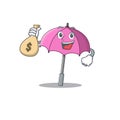 Smiley rich pink umbrella cartoon character bring money bags Royalty Free Stock Photo