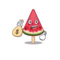 Smiley rich watermelon ice creamcartoon character bring money bags