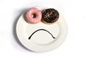 Smiley sad face made on dish with donuts as eyes and chocolate syrup mouth in sugar sweet addiction diet and nutrition Royalty Free Stock Photo