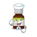 Smiley sailor cartoon character of antibiotic bottle wearing white hat and tie