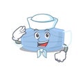 Smiley sailor cartoon character of surgical mask wearing white hat and tie