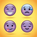 Smiley set purple face with emotions facial expression funny cartoon character
