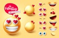 Smiley valentine creator vector set. Emoji 3d characters with face parts like hearts eyes and mouth editable for valentines.