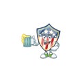 Smiley vintage shield badges USA mascot design holding a glass of beer