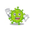 Smiley virus corona cell cartoon mascot design with waving hand Royalty Free Stock Photo