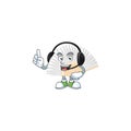 Smiley white chinese folding fan cartoon character design wearing headphone