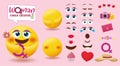 Smiley woman creator vector set. Emoticon women editable character kit with face parts of eyes, mouth and girly elements.
