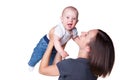 Smiley woman holding excited baby