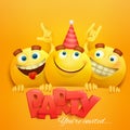 Smiley yellow faces group emoticon characters with Party invitation card