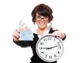 Smiley young woman holding money and clock Royalty Free Stock Photo