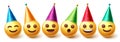 Smileys birthday character vector set. Smiley emojis in party hats birthday and event celebration with happy smile face expression