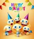 Smileys birthday greeting vector design. Happy birthday text with smiley emojis in party celebration with hats, cup cake and gift. Royalty Free Stock Photo