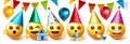 Smileys birthday party vector design set. Smiley emojis collection in party celebration with pennants, balloons and hats. Royalty Free Stock Photo