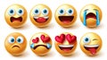 Smileys character vector set. Emoji characters funny, in love, upset and crying isolated in white background for emoticon facial. Royalty Free Stock Photo