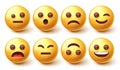 Smileys character vector set. Emoji 3d smiley with happy, sad and upset face emotion isolated in white background for emoticon. Royalty Free Stock Photo