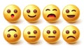 Smileys character vector set. Emoji 3d smiley with smiling, upset and sad facial emotion expression for yellow face mood.