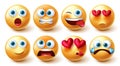 Smileys character vector set. Emojis smiley in yellow face with funny and in love faces collection for emoticon graphic facial.