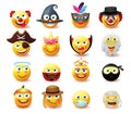 Smileys costume character vector set. Smiley emoji in cute and scary masquerade party design with mask emoticon characters. Royalty Free Stock Photo
