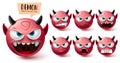 Smileys demon emoji vector set. Smiley emojis halloween red mascot character collection