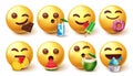 Smileys eating emoji vector set. Smiley emojis 3d eating and drinking foods like fruits and dessert isolated in white background.