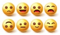 Smileys emoji character vector set. Smiley 3d emoticon with happy, sad and cute face emotion isolated in white background. Royalty Free Stock Photo