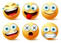Smileys emoji and emoticon faces vector set. Smiley emojis or emoticons with crazy, surprise, funny, laughing, and scary.