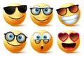 Smileys emoji or emoticon faces wearing sunglasses and eyeglasses vector set. Smileys emoticons or icon face head. Royalty Free Stock Photo