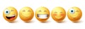 Smileys emoji happy face vector set. Smiley icons and emoticon with funny, happy and winking facial expressions