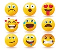 Smileys emoji reaction vector set. Emojis smiley yellow faces collection with facial expression isolated in white background. Royalty Free Stock Photo