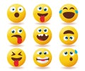 Smileys emoji reaction vector set. Emojis smiley yellow faces collection with facial expression isolated in white background. Royalty Free Stock Photo
